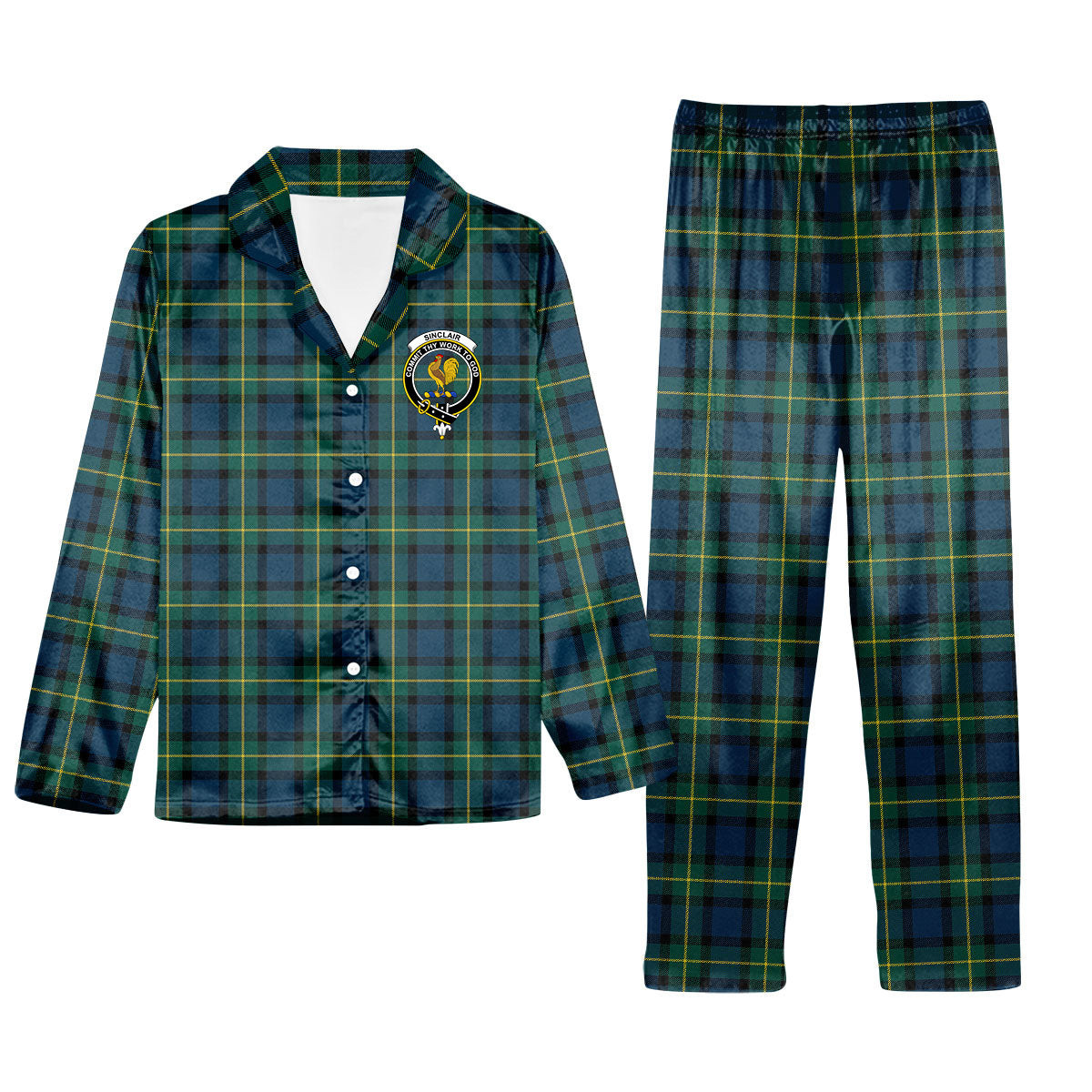 ScotsTee Shop Scottish Sinclair of Ulster Modern Crest Tartan Pajama Satin Velvet Flannel Pajama Set