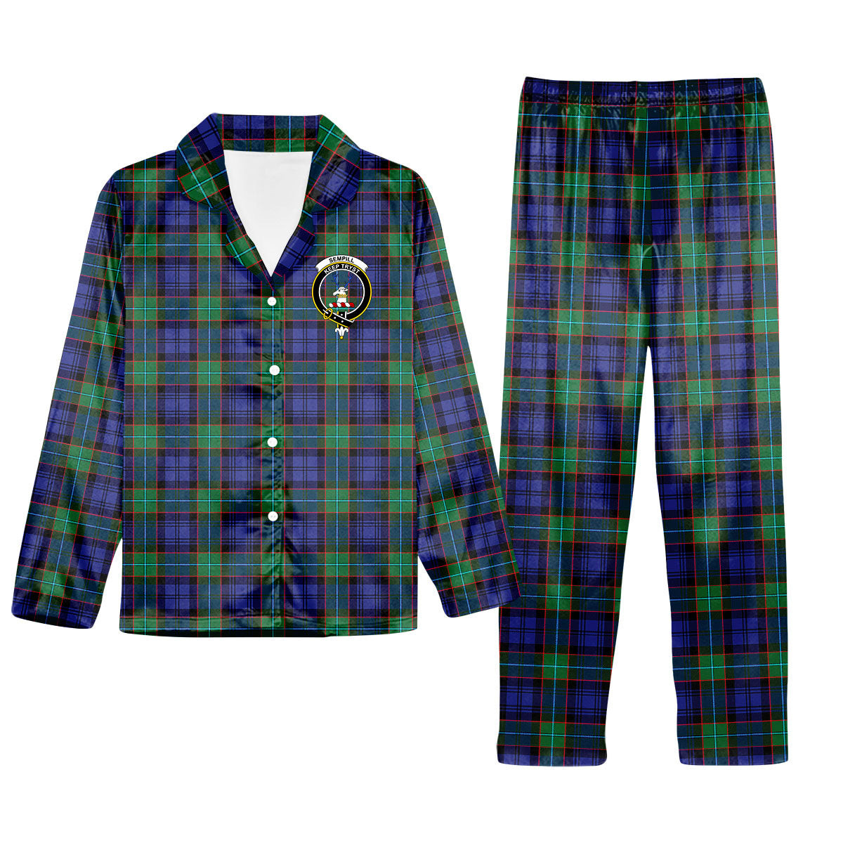 ScotsTee Shop Scottish Sempill Modern Crest Tartan Pajama Satin Velvet Flannel Pajama Set