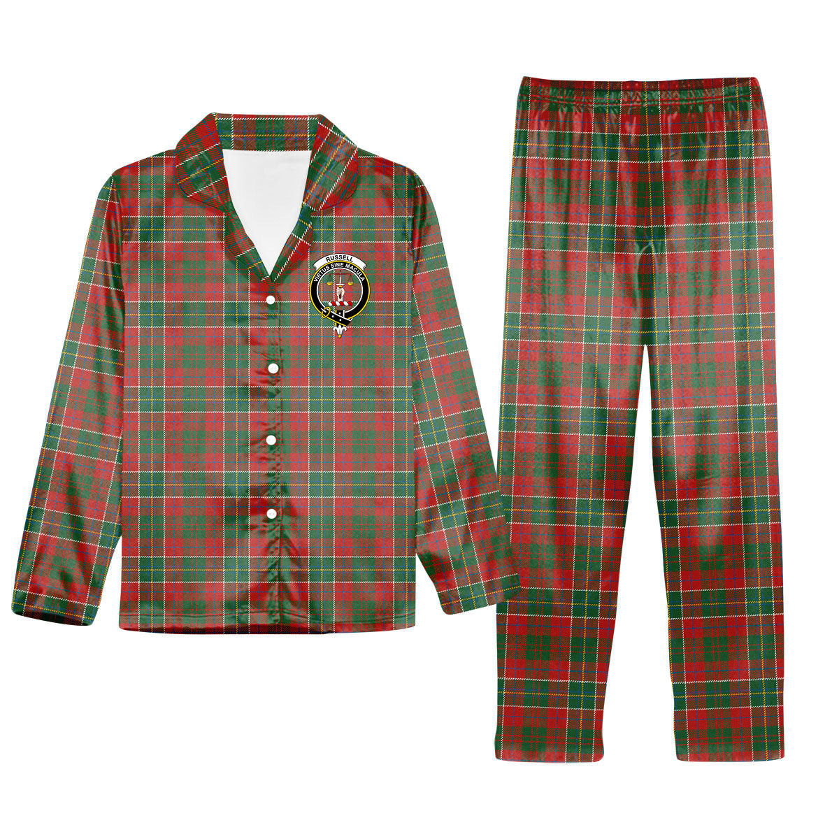 ScotsTee Shop Scottish Russell USA Ancient Crest Tartan Pajama Satin Velvet Flannel Pajama Set