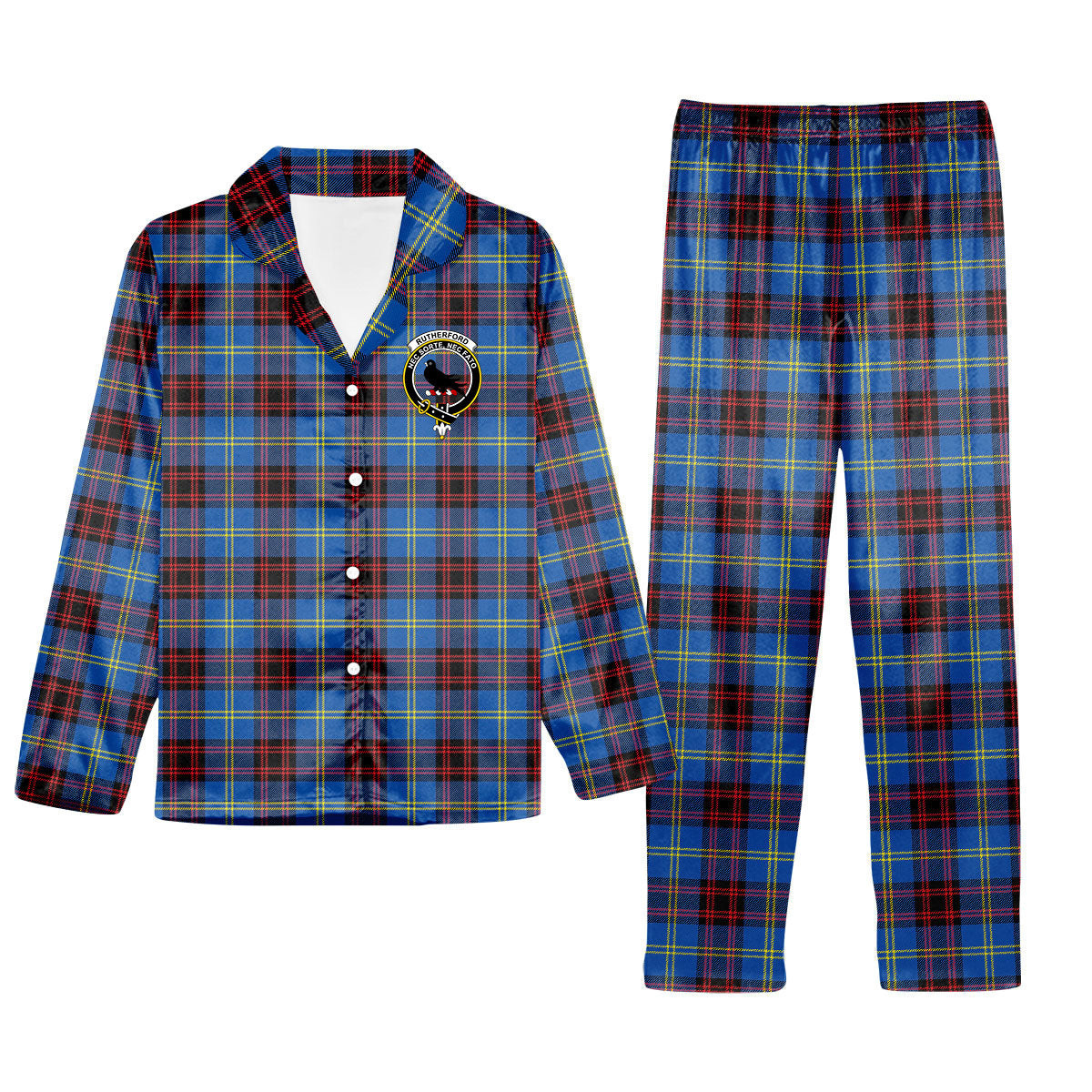ScotsTee Shop Scottish Rutherford Modern Crest Tartan Pajama Satin Velvet Flannel Pajama Set