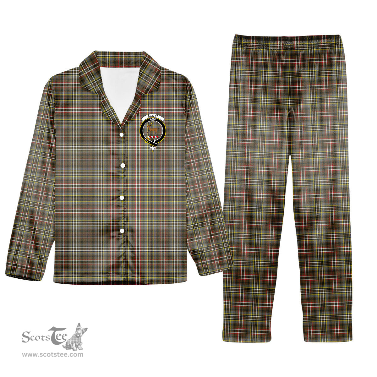 ScotsTee Shop Scottish Scott Green Weathered Crest Tartan Pajama Satin Velvet Flannel Pajama Set