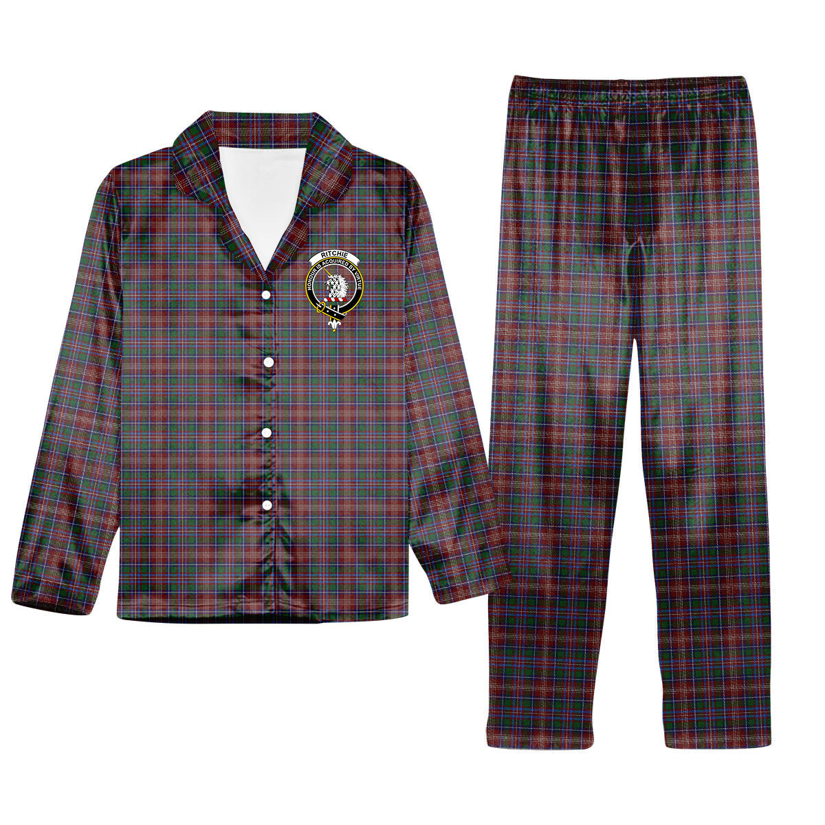 ScotsTee Shop Scottish Ritchie Crest Tartan Pajama Satin Velvet Flannel Pajama Set