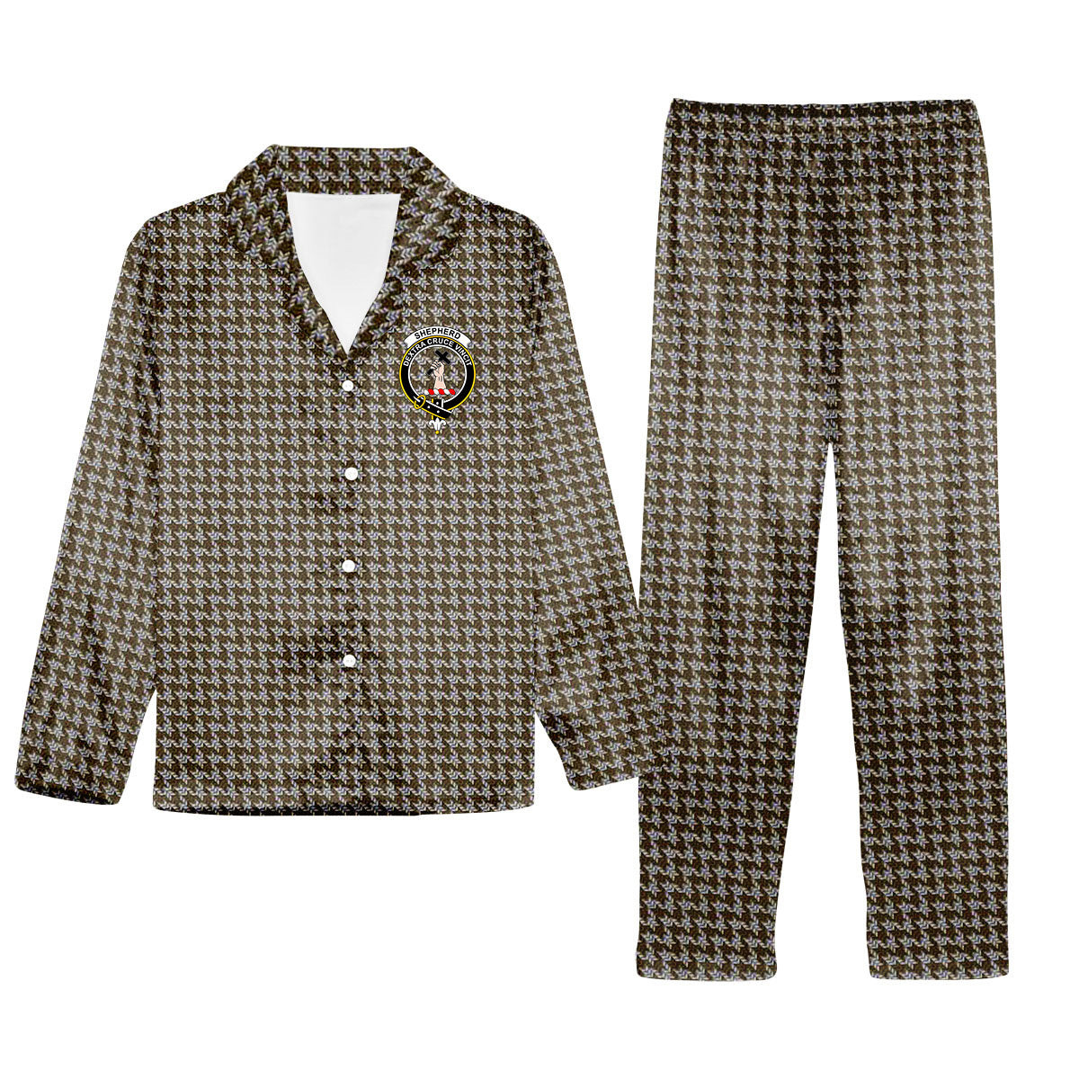 ScotsTee Shop Scottish Shepherd Brown & White Crest Tartan Pajama Satin Velvet Flannel Pajama Set