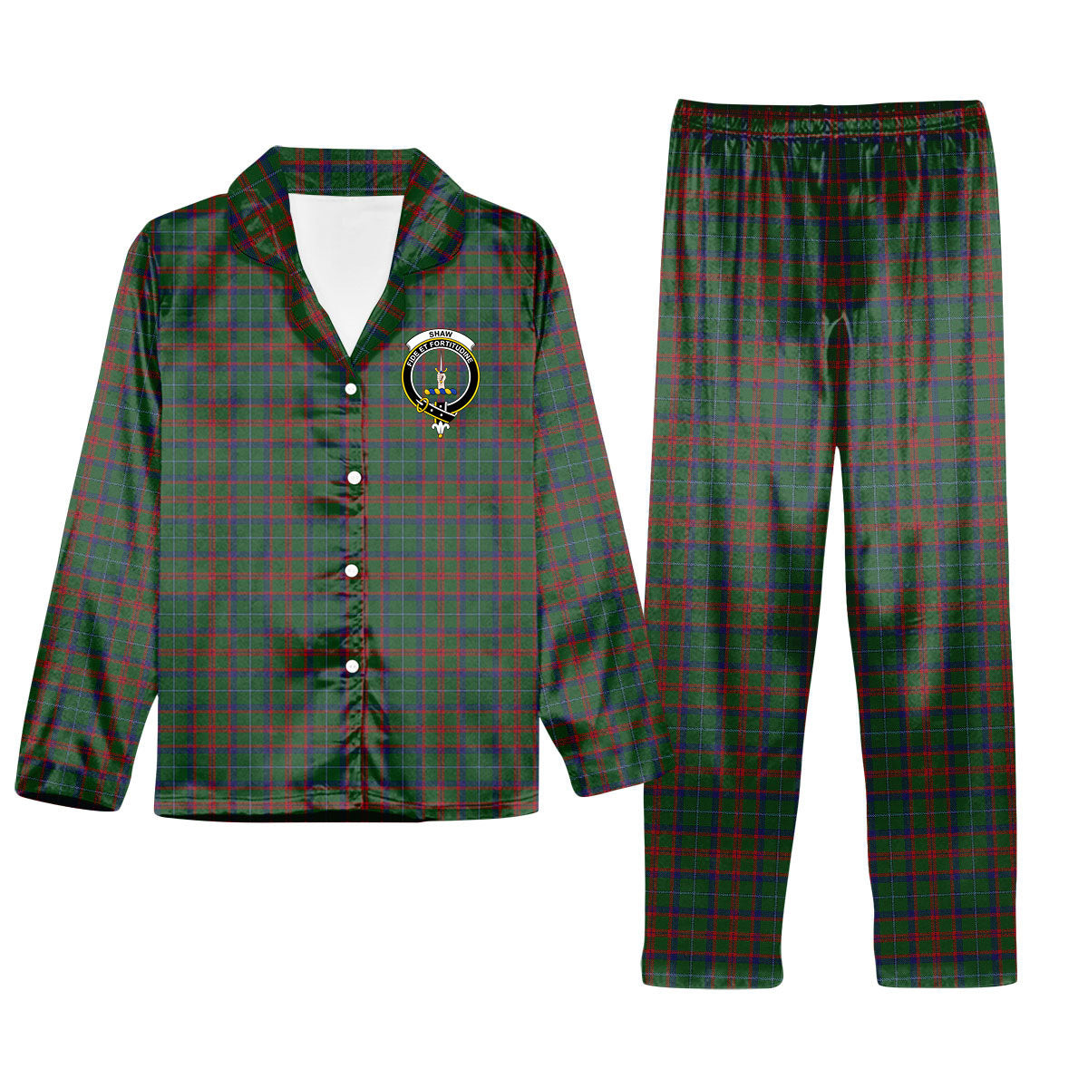 ScotsTee Shop Scottish Shaw of Tordarroch Green Hunting Crest Tartan Pajama Satin Velvet Flannel Pajama Set