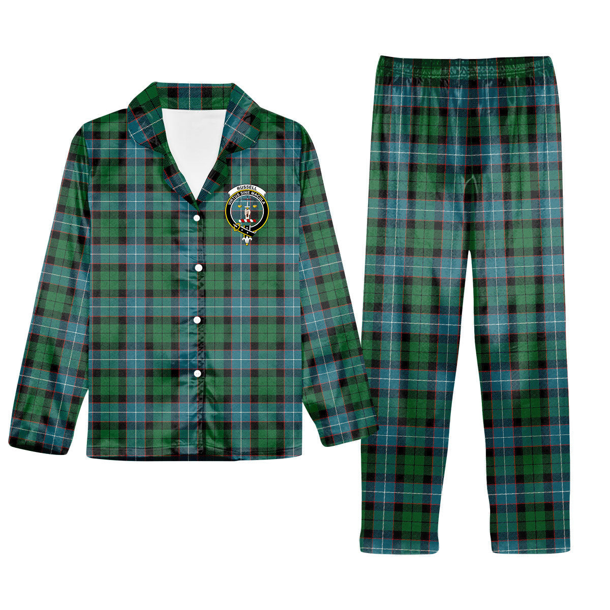 ScotsTee Shop Scottish Russell Ancient Crest Tartan Pajama Satin Velvet Flannel Pajama Set