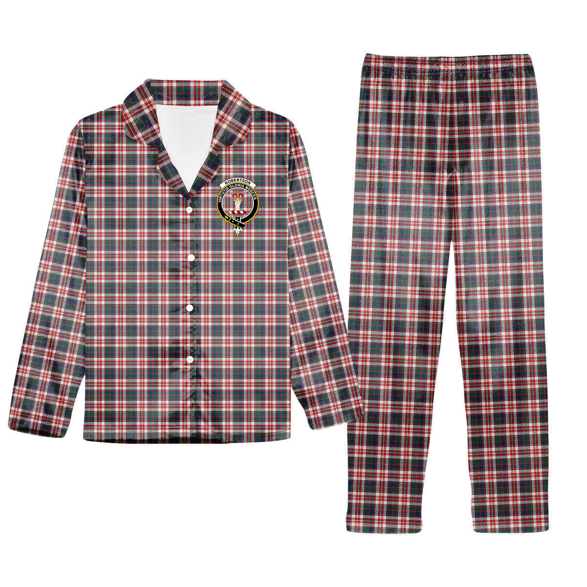 ScotsTee Shop Scottish Robertson Dress #2 Modern Crest Tartan Pajama Satin Velvet Flannel Pajama Set