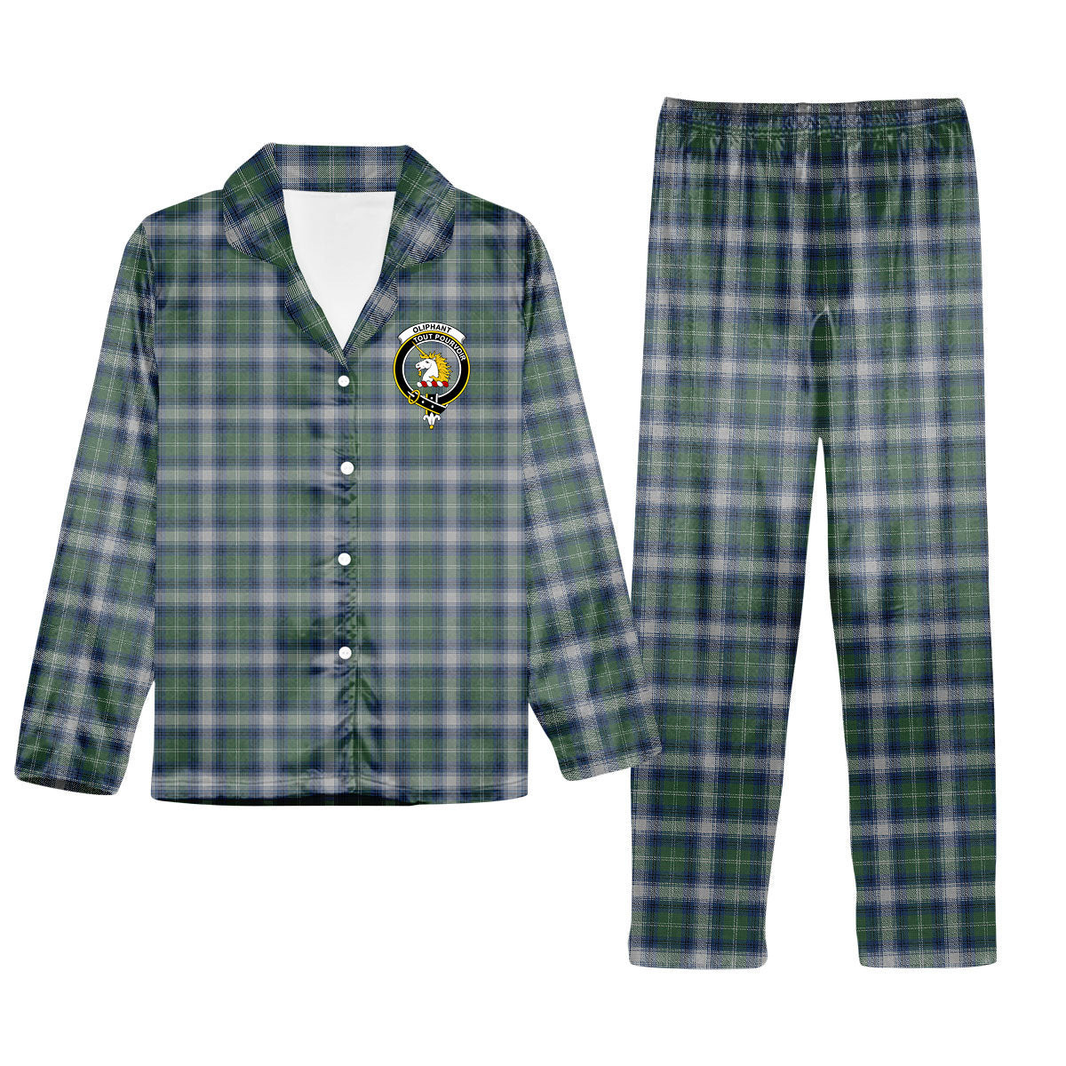 ScotsTee Shop Scottish Oliphant Dress Crest Tartan Pajama Satin Velvet Flannel Pajama Set