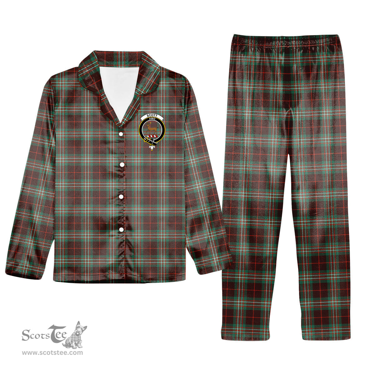 ScotsTee Shop Scottish Scott Brown Ancient Crest Tartan Pajama Satin Velvet Flannel Pajama Set