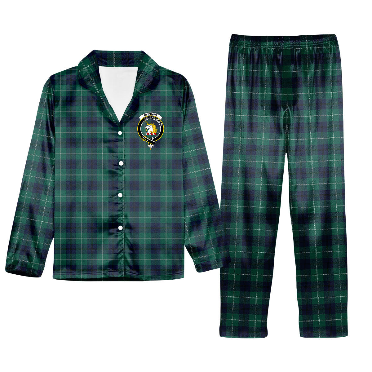 ScotsTee Shop Scottish Oliphant Modern Clan Crest Tartan Pajama Satin Velvet Flannel Pajama Set