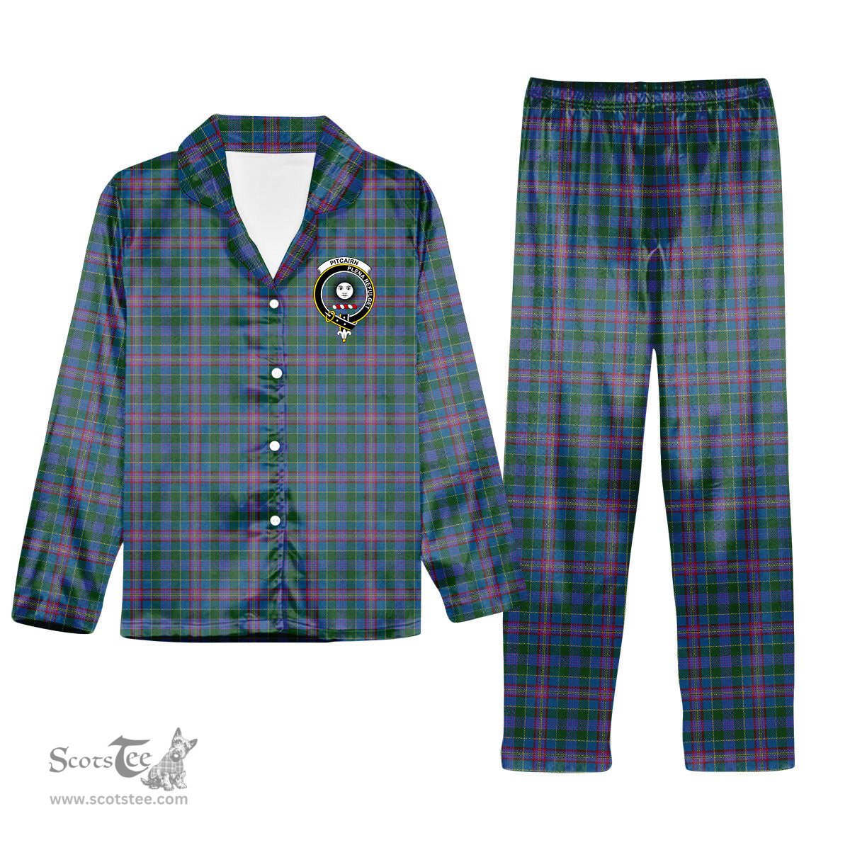 ScotsTee Shop Scottish Pitcairn Heritage Hunting Crest Tartan Pajama Satin Velvet Flannel Pajama Set