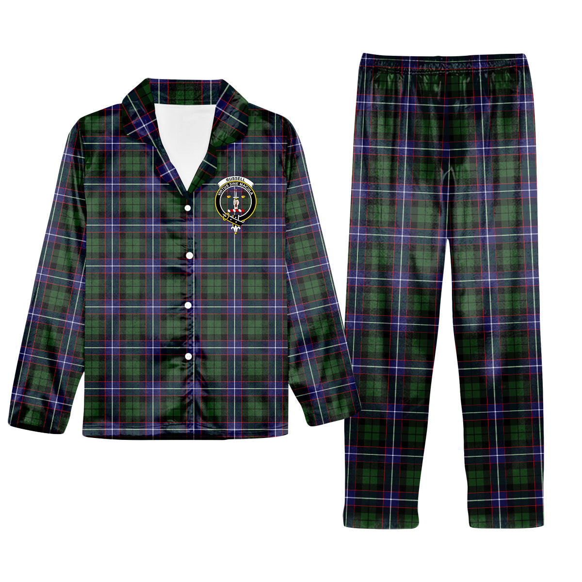 ScotsTee Shop Scottish Russell Modern Crest Tartan Pajama Satin Velvet Flannel Pajama Set