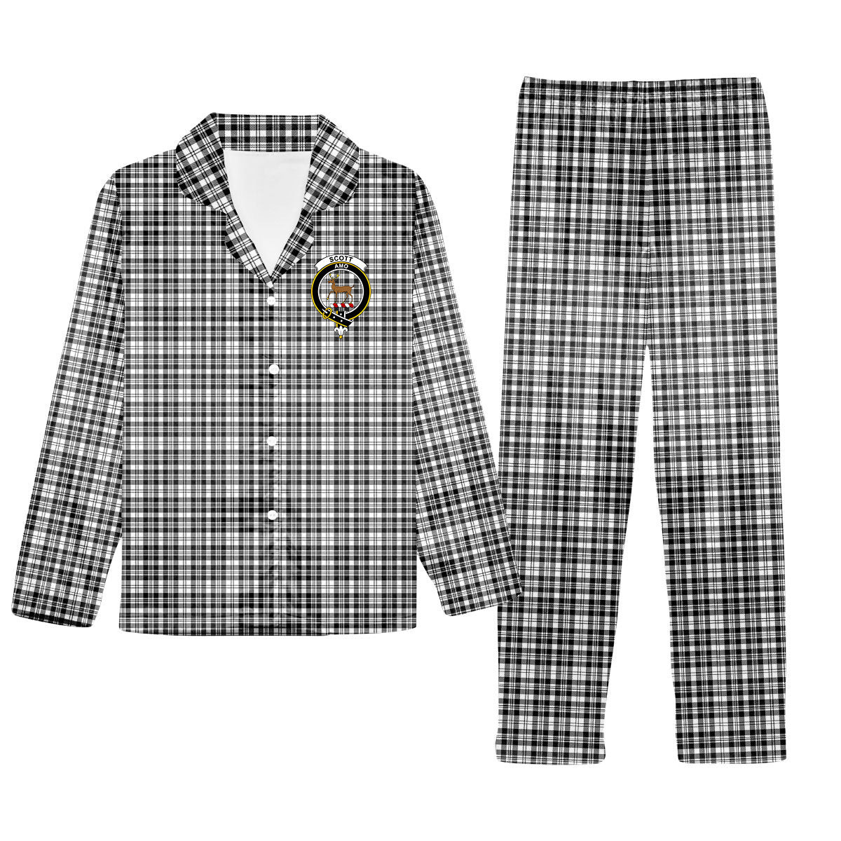 ScotsTee Shop Scottish Scott Black White Crest Tartan Pajama Satin Velvet Flannel Pajama Set