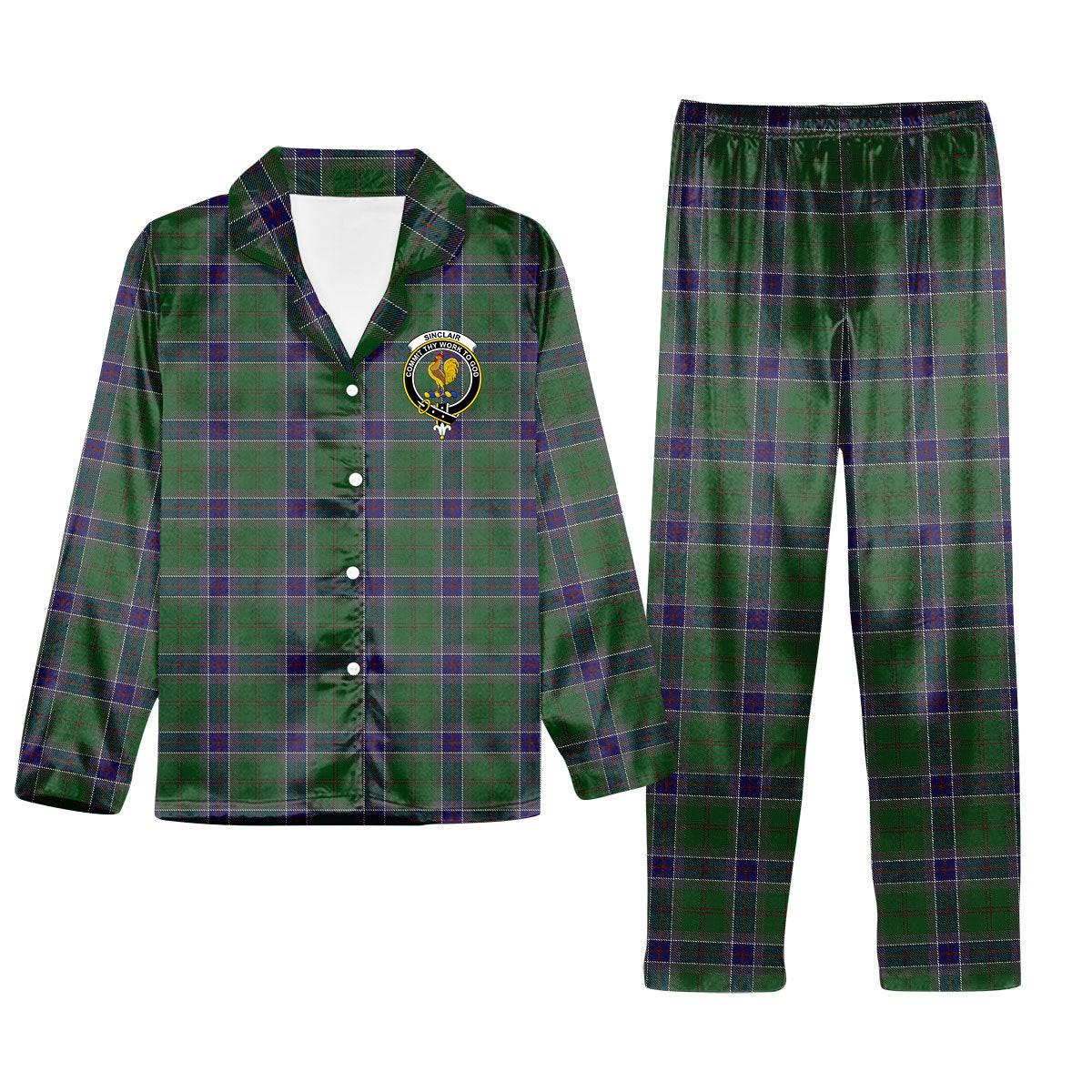 ScotsTee Shop Scottish Sinclair Green Crest Tartan Pajama Satin Velvet Flannel Pajama Set