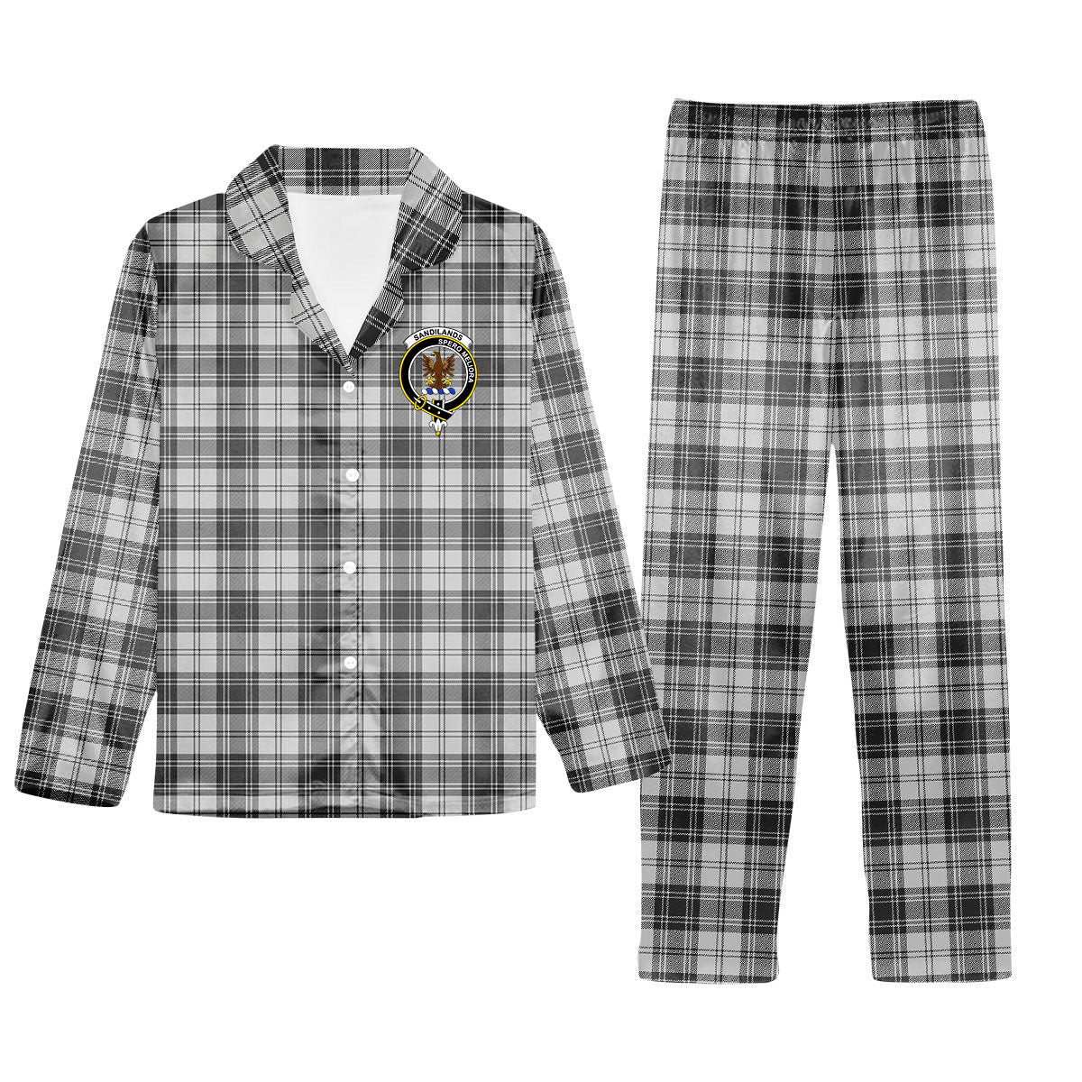 ScotsTee Shop Scottish Sandilands Grey Crest Tartan Pajama Satin Velvet Flannel Pajama Set
