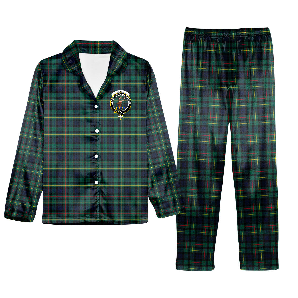 ScotsTee Shop Scottish Rollo Modern Crest Tartan Pajama Satin Velvet Flannel Pajama Set