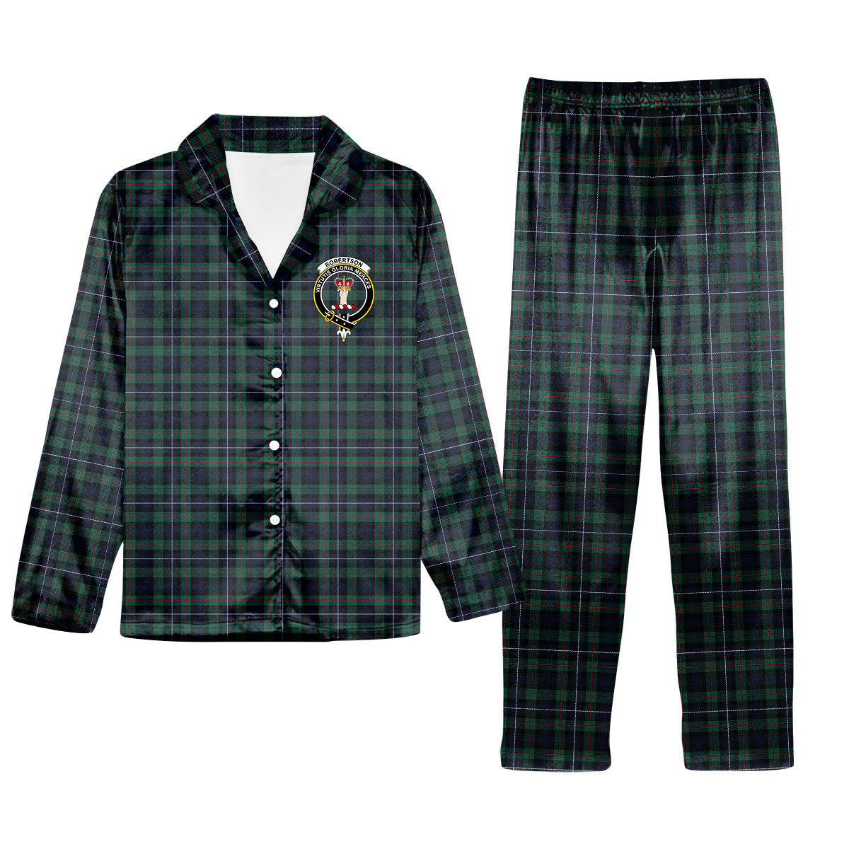 ScotsTee Shop Scottish Robertson Hunting #2 Modern Crest Tartan Pajama Satin Velvet Flannel Pajama Set
