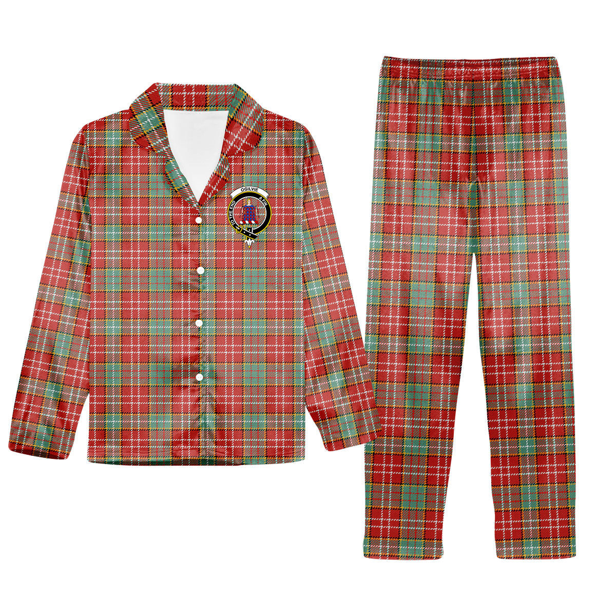 ScotsTee Shop Scottish Ogilvie (Ogilvy) Ancient Crest Tartan Pajama Satin Velvet Flannel Pajama Set