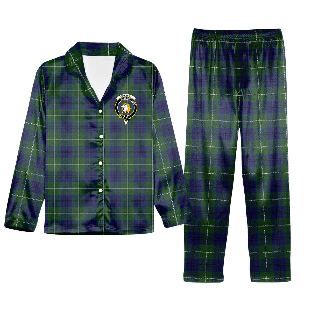 ScotsTee Shop Scottish Oliphant Modern Crest Tartan Pajama Satin Velvet Flannel Pajama Set
