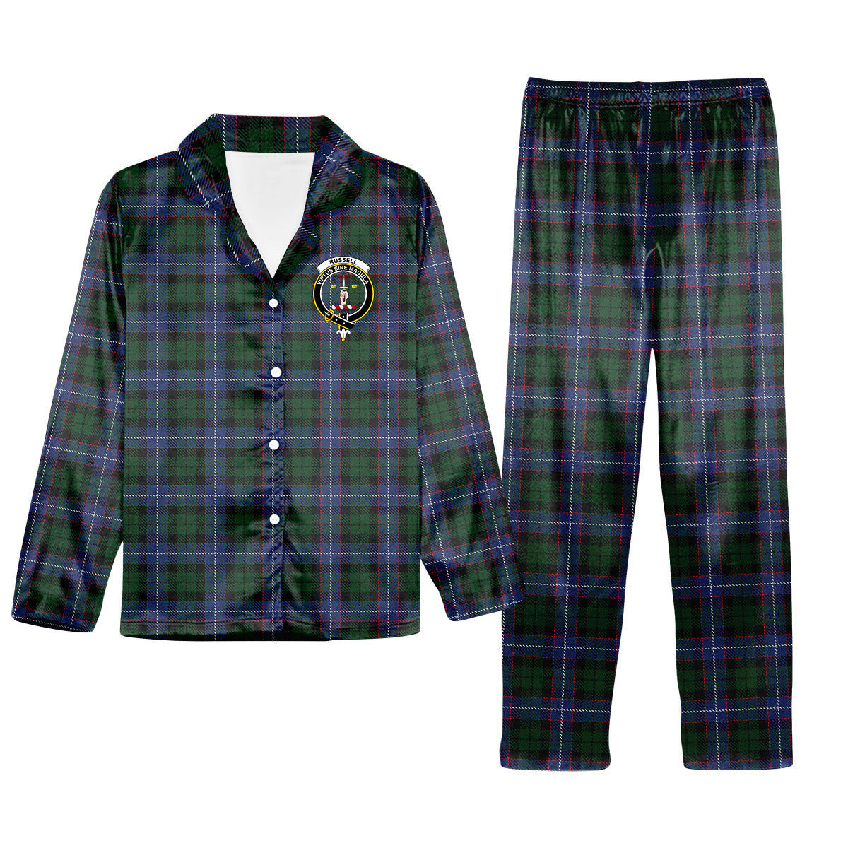 ScotsTee Shop Scottish Russell Crest Tartan Pajama Satin Velvet Flannel Pajama Set