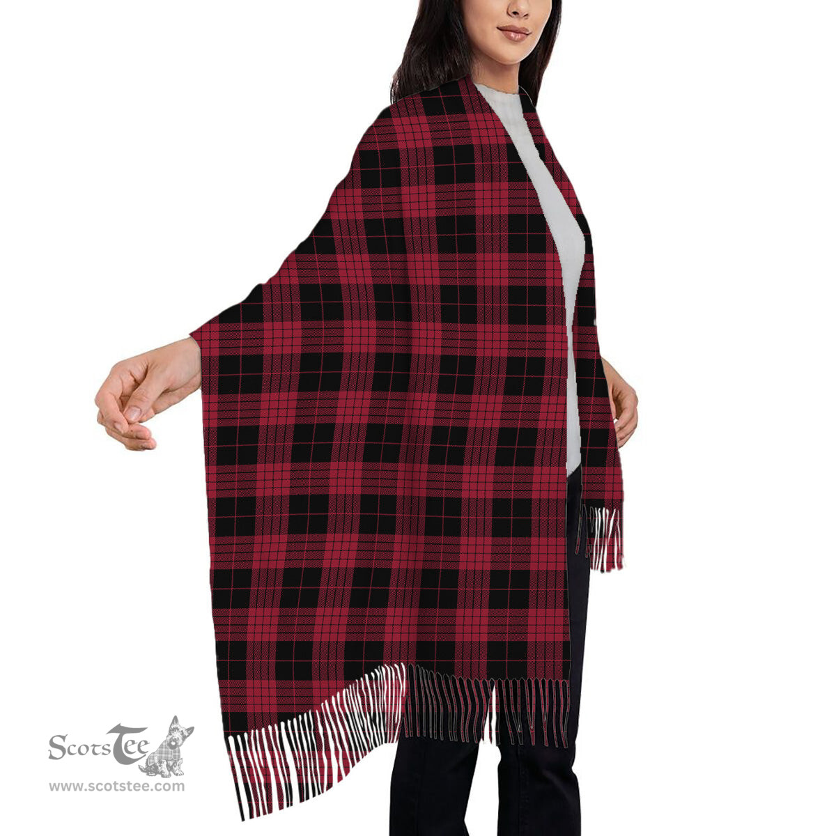 ScotsTee Shop Scottish Cameron Black and Red Modern Solf Tartan Plaid Tassel Winter Scarf