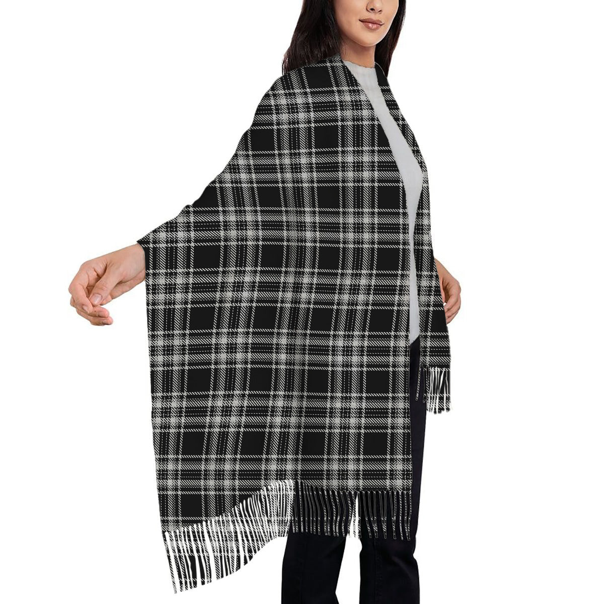 ScotsTee Shop Scottish Stewart Black and White Solf Tartan Plaid Tassel Winter Scarf