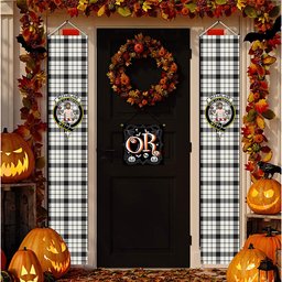 ScotsTee Shop Scottish McFarlane Black White Ancient Tartan Front Porch Sign Set, Hanging Banner Set