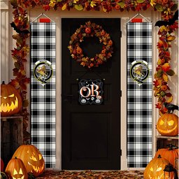 ScotsTee Shop Scottish MacFie Black & White Modern Tartan Front Porch Sign Set, Hanging Banner Set