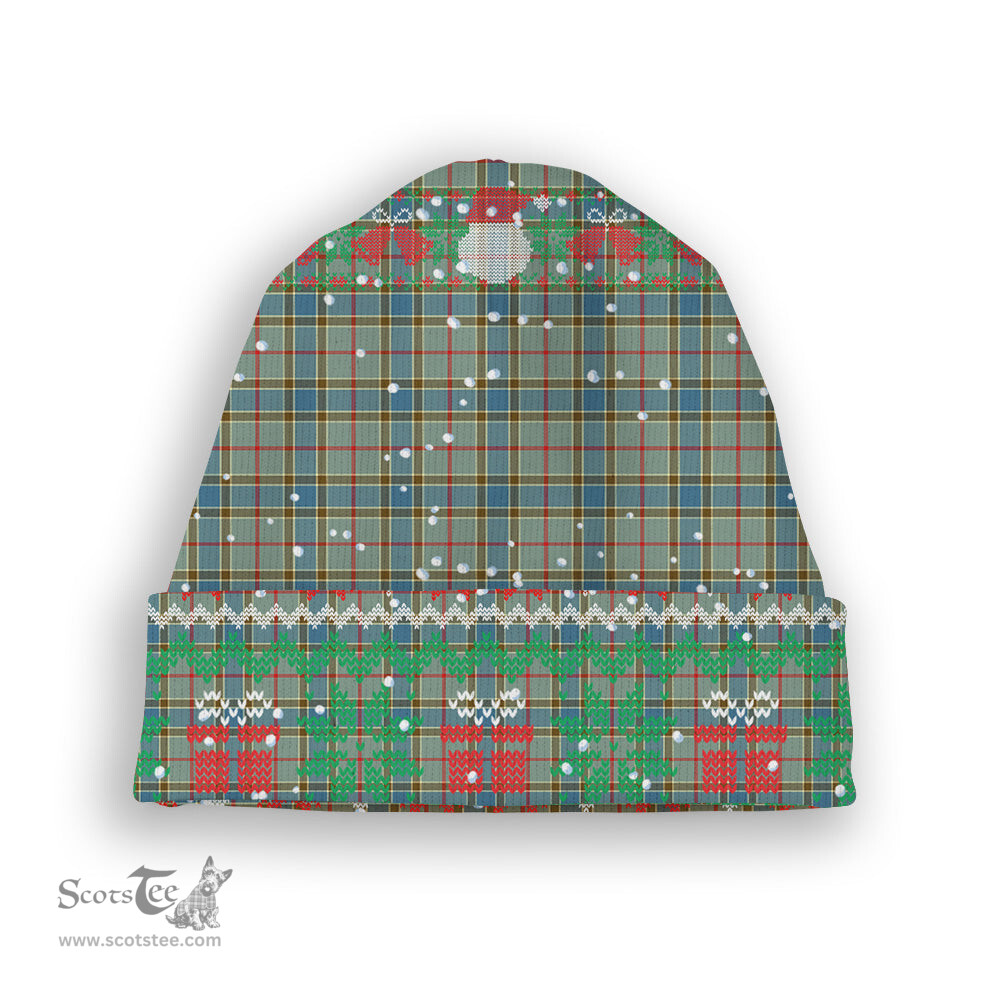 ScotsTee Shop Scottish Balfour Blue Tartan Plaid Christmas Deer Snowman Snowflake Bell Knit Beanie