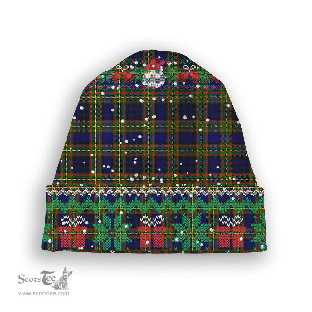 ScotsTee Shop Scottish Clelland Modern Tartan Plaid Christmas Deer Snowman Snowflake Bell Knit Beanie