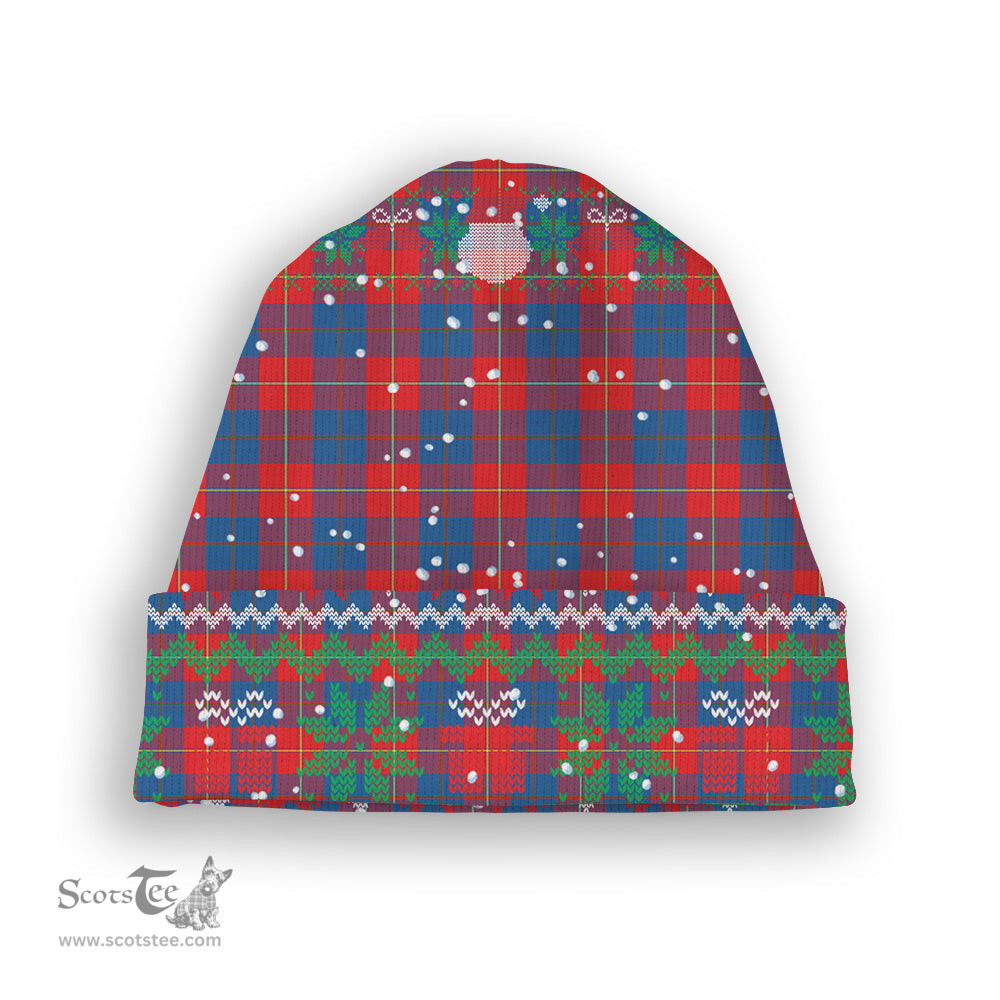 ScotsTee Shop Scottish Galloway Red Tartan Plaid Christmas Deer Snowman Snowflake Bell Knit Beanie