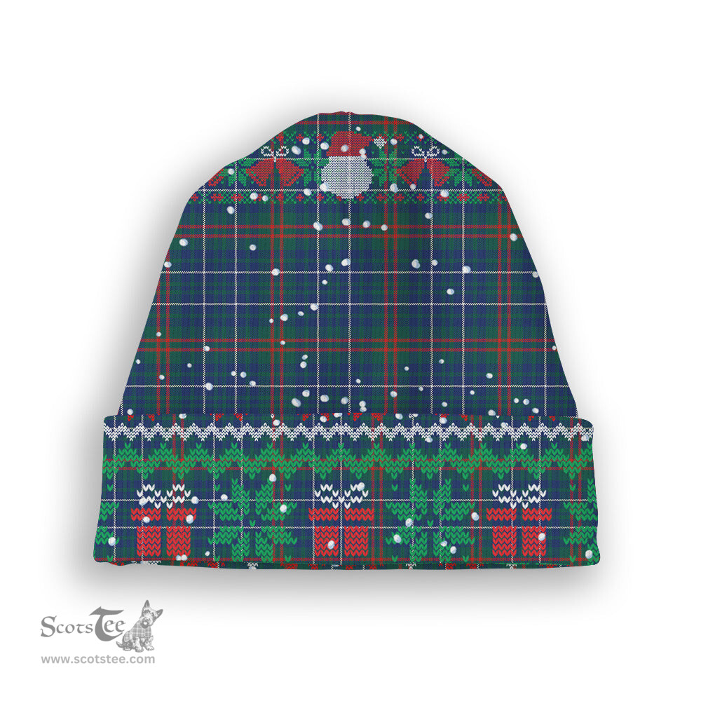 ScotsTee Shop Scottish Edmonstone Modern Tartan Plaid Christmas Deer Snowman Snowflake Bell Knit Beanie