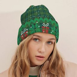 ScotsTee Shop Scottish Dunbar Hunting Modern Tartan Plaid Christmas Deer Snowman Snowflake Bell Knit Beanie