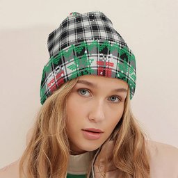 ScotsTee Shop Scottish McFie Black & White Modern Tartan Plaid Christmas Deer Snowman Snowflake Bell Knit Beanie
