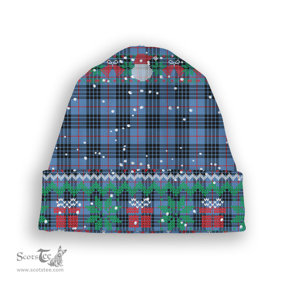 ScotsTee Shop Scottish MacKay Blue Tartan Plaid Christmas Deer Snowman Snowflake Bell Knit Beanie