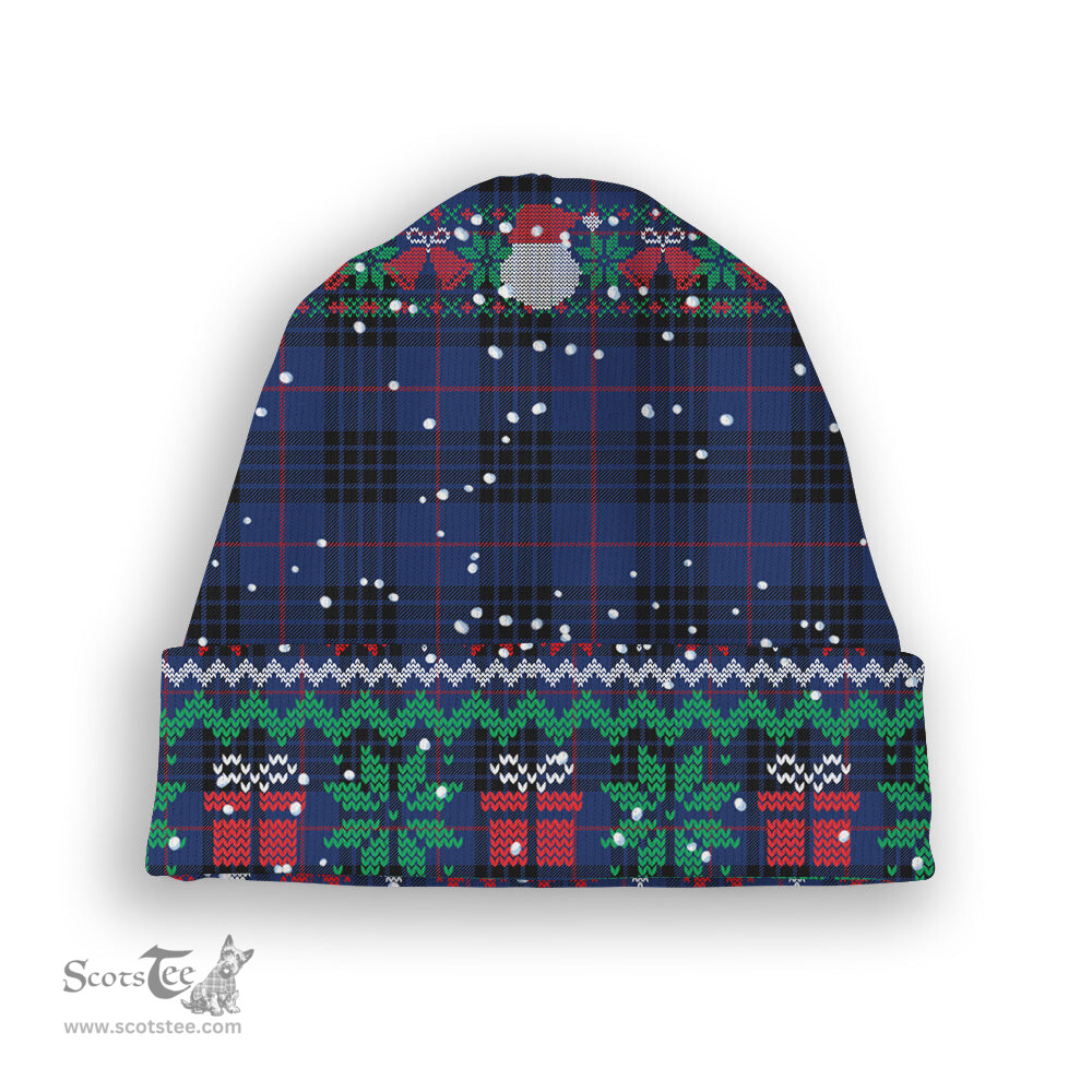 ScotsTee Shop Scottish McCoy Blue Tartan Plaid Christmas Deer Snowman Snowflake Bell Knit Beanie