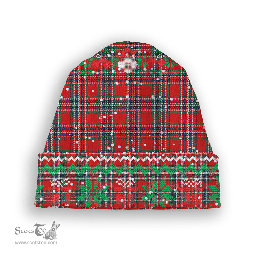 ScotsTee Shop Scottish MacFarlane Red Modern Tartan Plaid Christmas Deer Snowman Snowflake Bell Knit Beanie