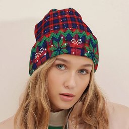 ScotsTee Shop Scottish MacLachlan Modern SC Tartan Plaid Christmas Deer Snowman Snowflake Bell Knit Beanie