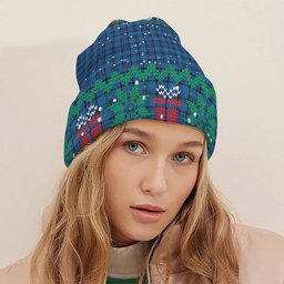 ScotsTee Shop Scottish Hannay Blue Modern Tartan Plaid Christmas Deer Snowman Snowflake Bell Knit Beanie