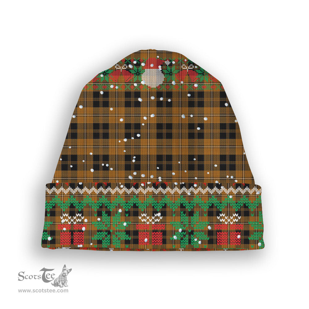 ScotsTee Shop Scottish Johnston Orange and Black Tartan Plaid Christmas Deer Snowman Snowflake Bell Knit Beanie