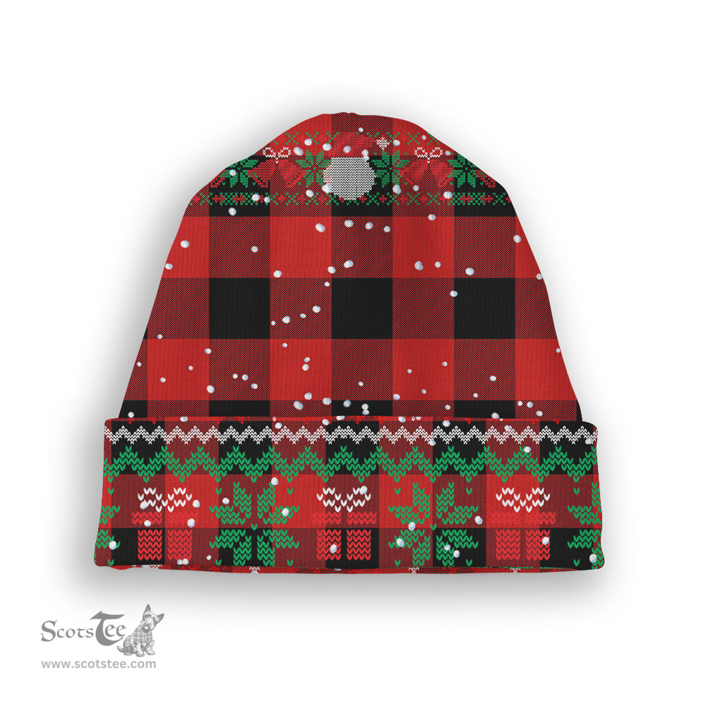 ScotsTee Shop Scottish Gregor Red & Black Modern Tartan Plaid Christmas Deer Snowman Snowflake Bell Knit Beanie