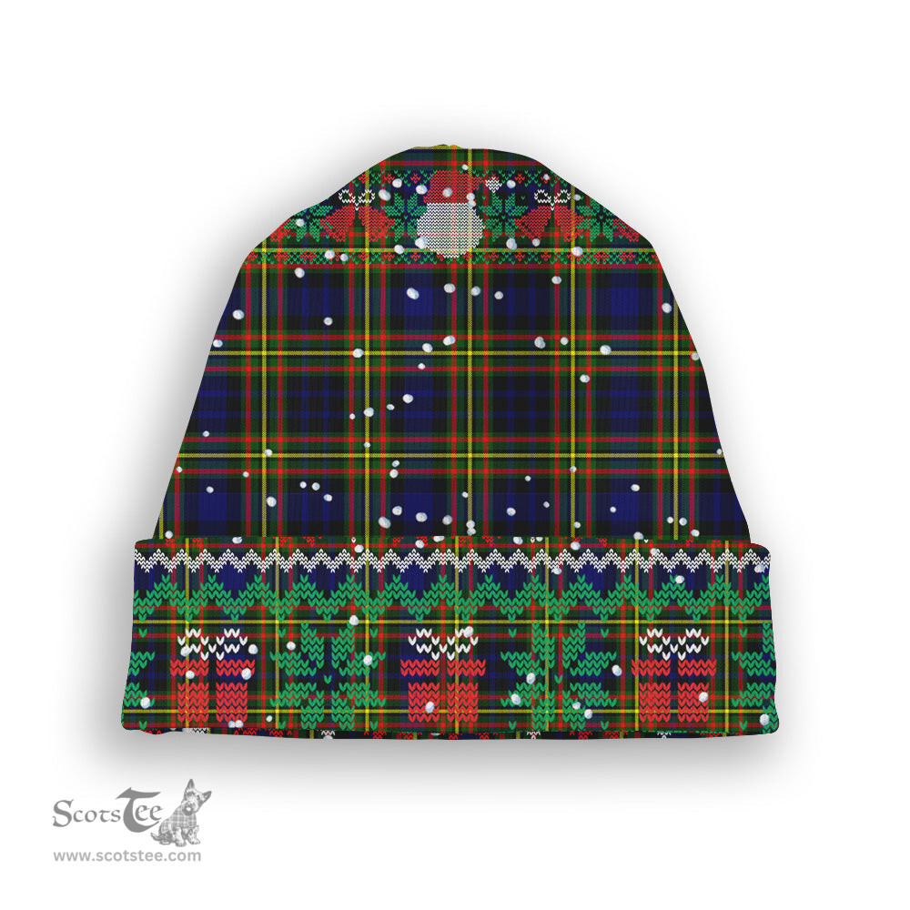 ScotsTee Shop Scottish MacLellan Modern SC Tartan Plaid Christmas Deer Snowman Snowflake Bell Knit Beanie