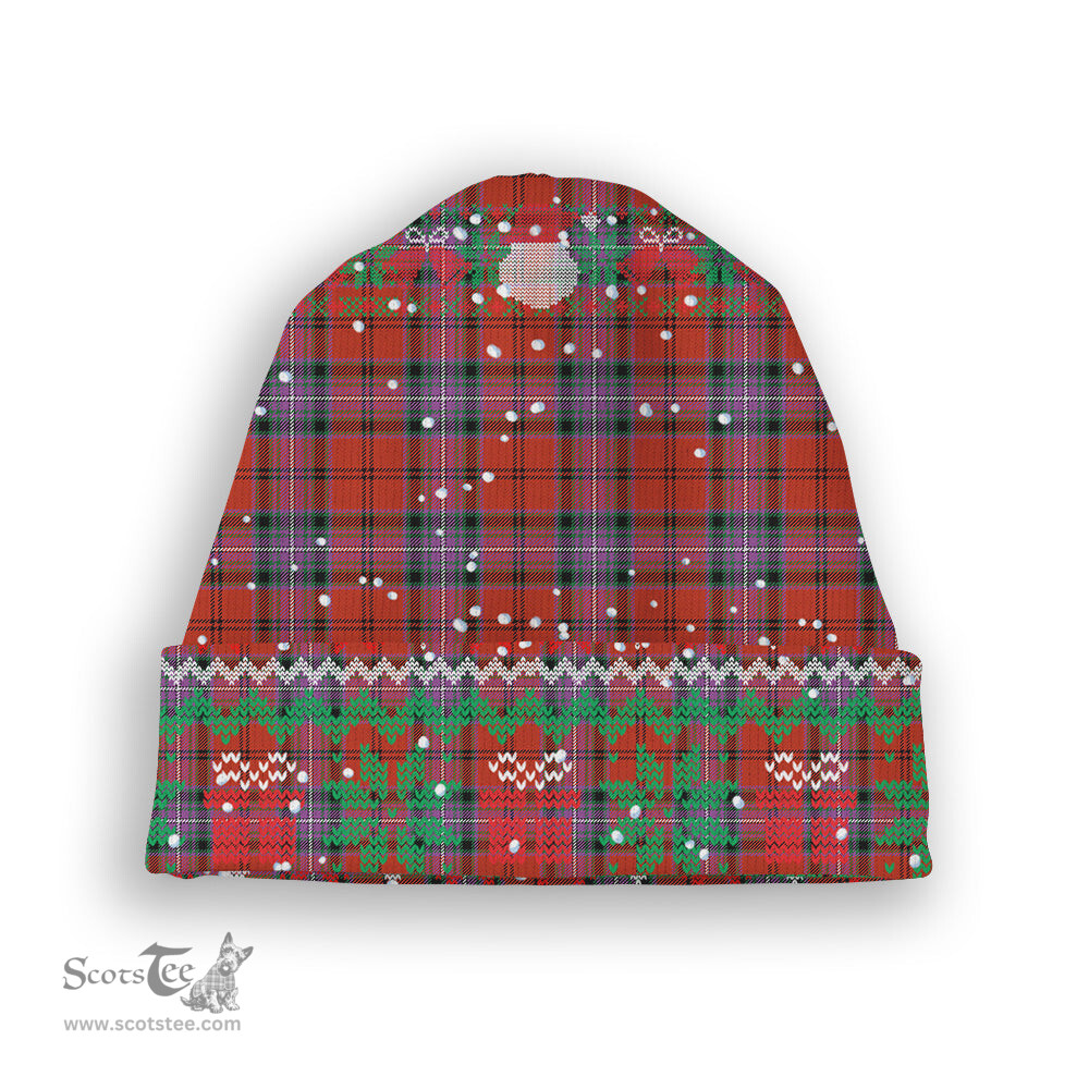 ScotsTee Shop Scottish Kelly of Sleat Red Ancient Tartan Plaid Christmas Deer Snowman Snowflake Bell Knit Beanie