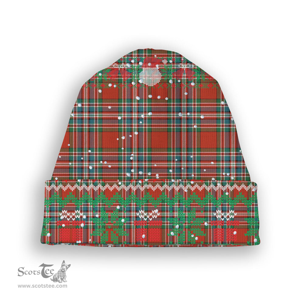 ScotsTee Shop Scottish McFarlane Red Ancient Tartan Plaid Christmas Deer Snowman Snowflake Bell Knit Beanie