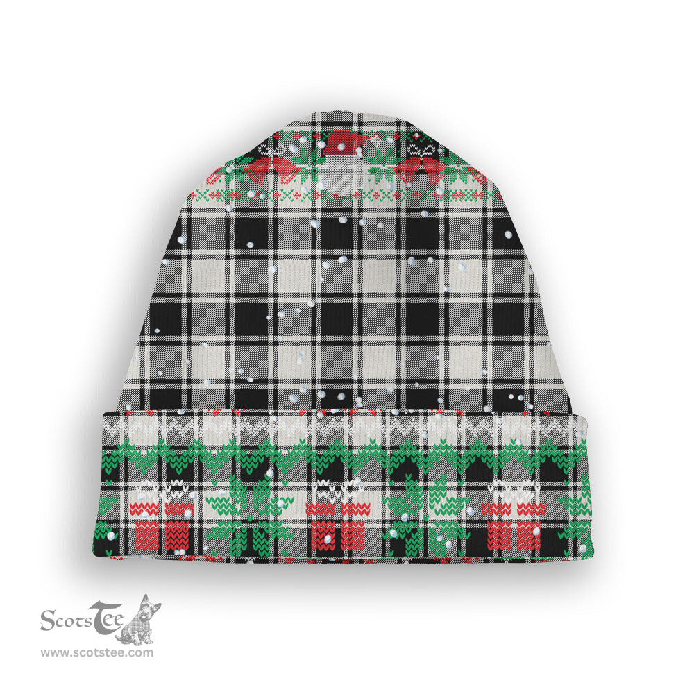 ScotsTee Shop Scottish MacFie Black & White Modern Tartan Plaid Christmas Deer Snowman Snowflake Bell Knit Beanie