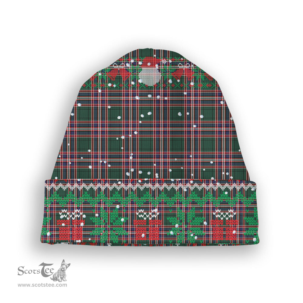 ScotsTee Shop Scottish MacFarlane Hunting Modern Tartan Plaid Christmas Deer Snowman Snowflake Bell Knit Beanie