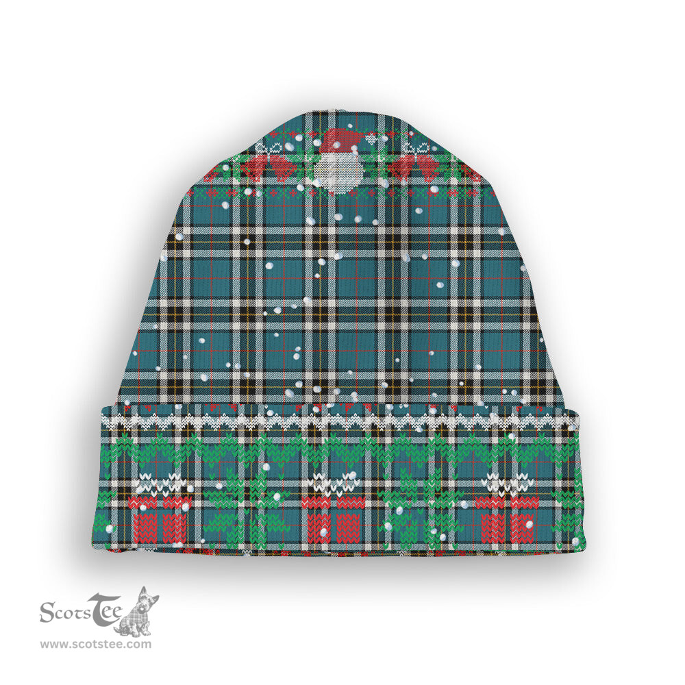 ScotsTee Shop Scottish MacThomas Blue Ancient Tartan Plaid Christmas Deer Snowman Snowflake Bell Knit Beanie
