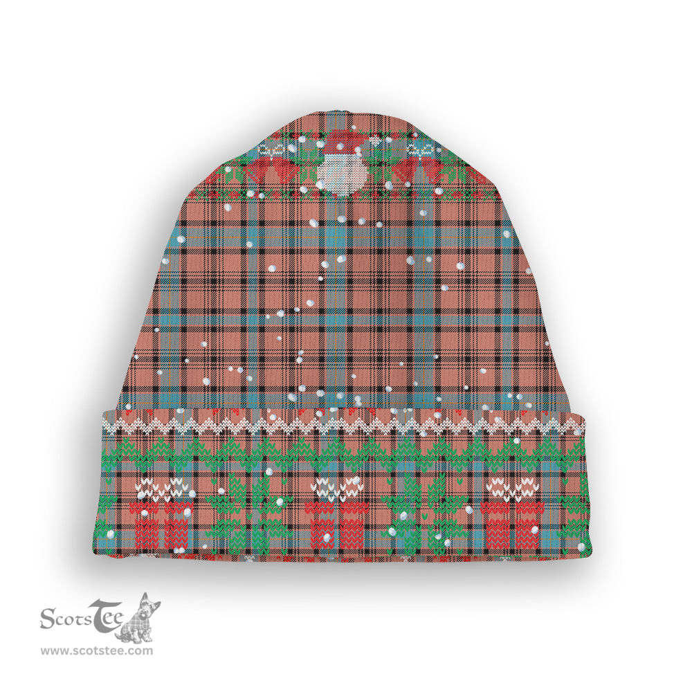 ScotsTee Shop Scottish Hamilton Red Modern Tartan Plaid Christmas Deer Snowman Snowflake Bell Knit Beanie