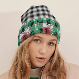 ScotsTee Shop Scottish MacPhee B&W Modern Tartan Plaid Christmas Deer Snowman Snowflake Bell Knit Beanie