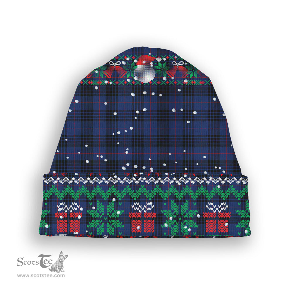 ScotsTee Shop Scottish McKay Blue Modern Tartan Plaid Christmas Deer Snowman Snowflake Bell Knit Beanie