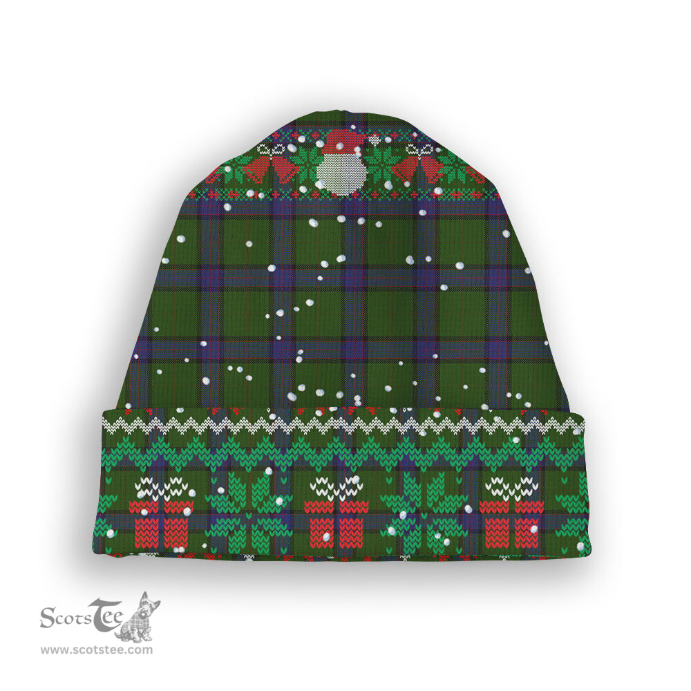 ScotsTee Shop Scottish MacWilliam Hunting Tartan Plaid Christmas Deer Snowman Snowflake Bell Knit Beanie